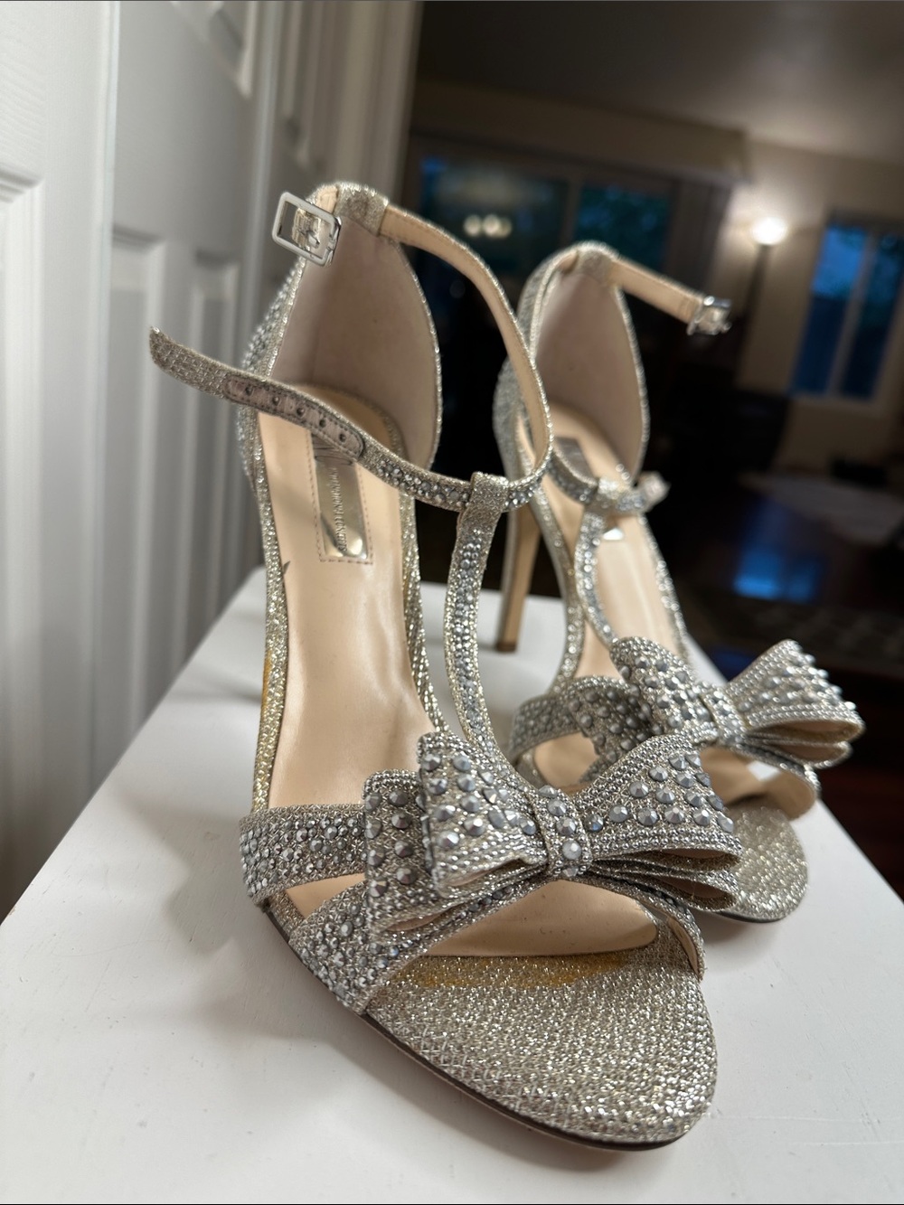 INC International Concepts Silver Glitter Bow Ankle-Strap Heels